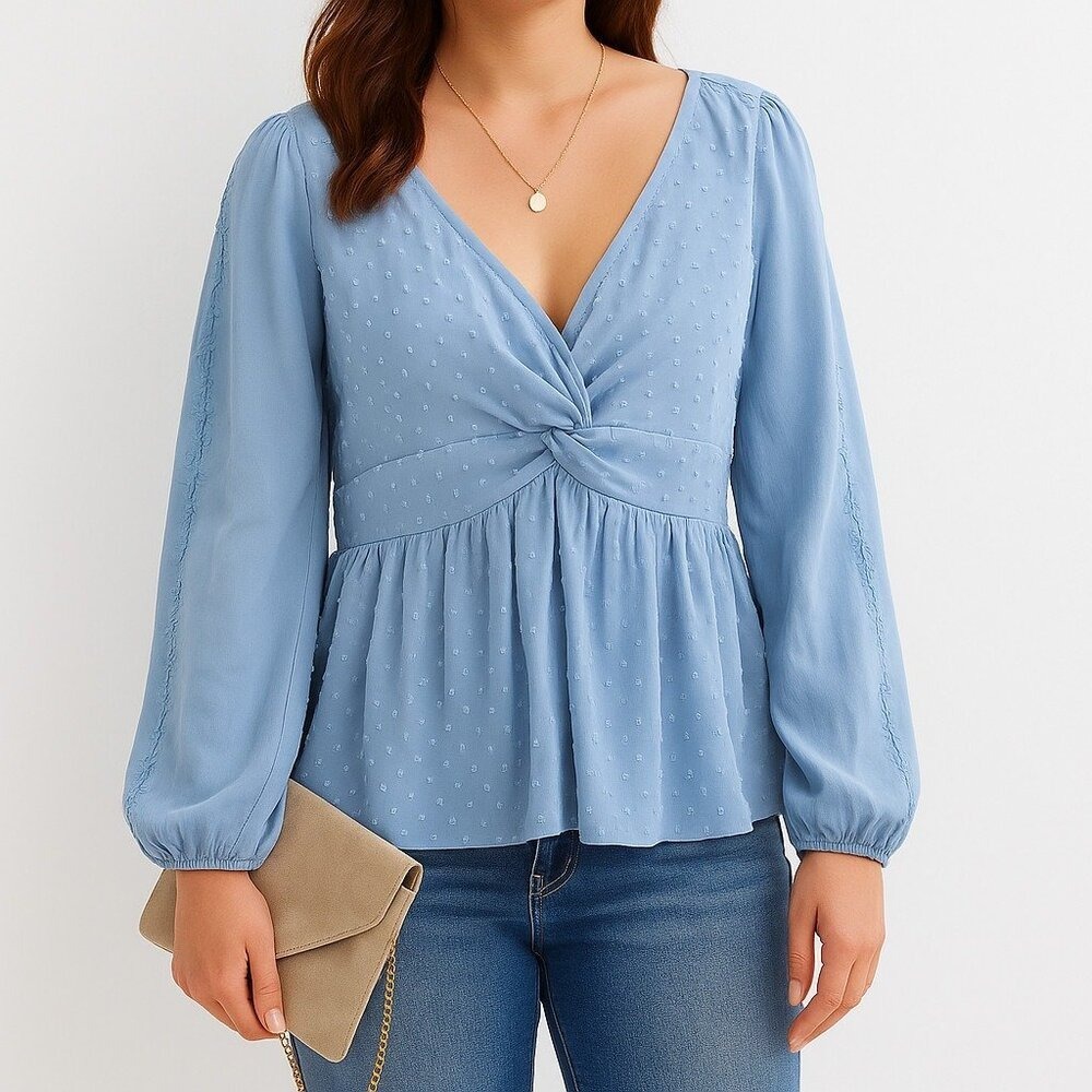 American Eagle Blue Swiss Dot Embroidered Peplum Blouse Womens Large Cottagecore